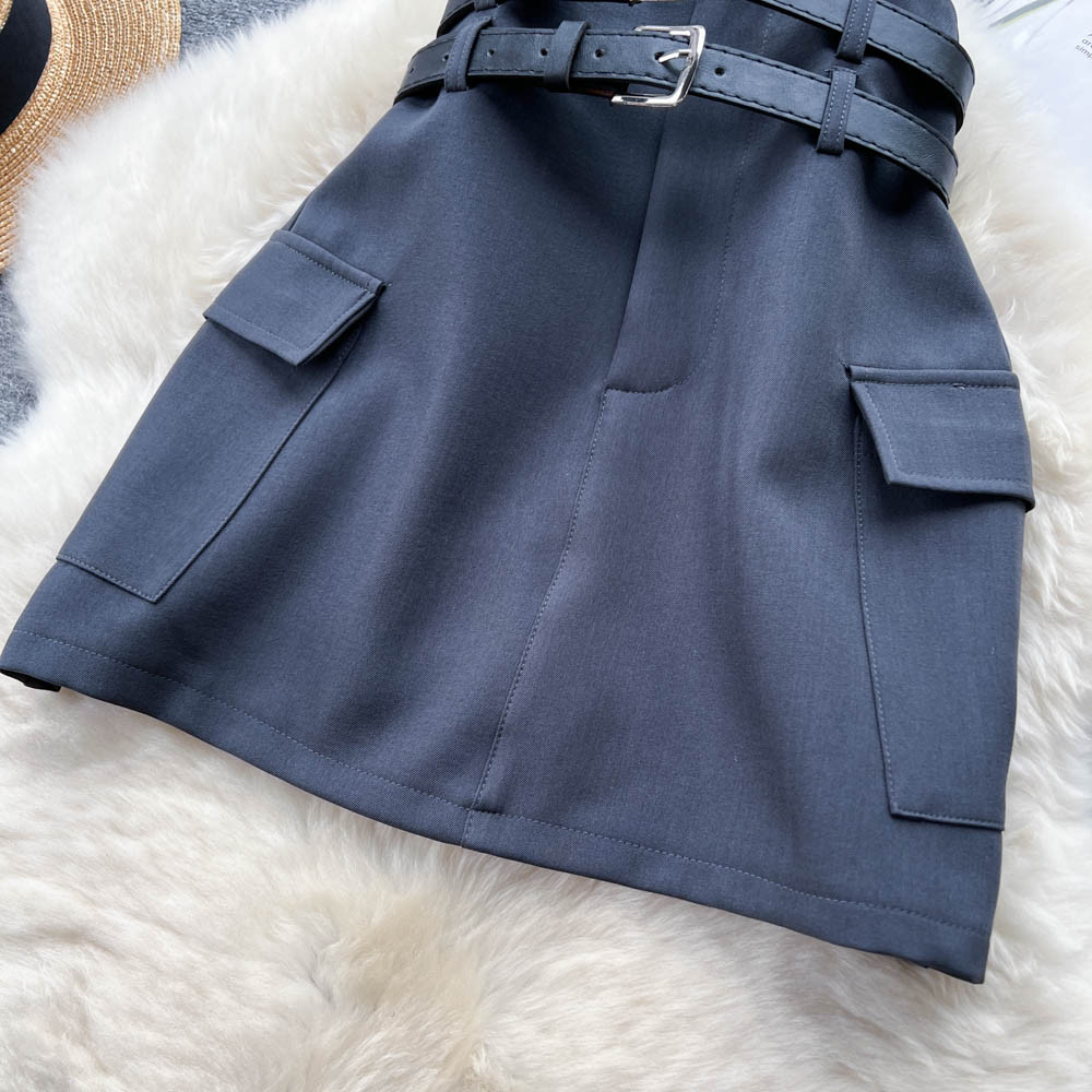Twin Belt High Waist Suit Skirt