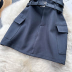 Twin Belt High Waist Suit Skirt