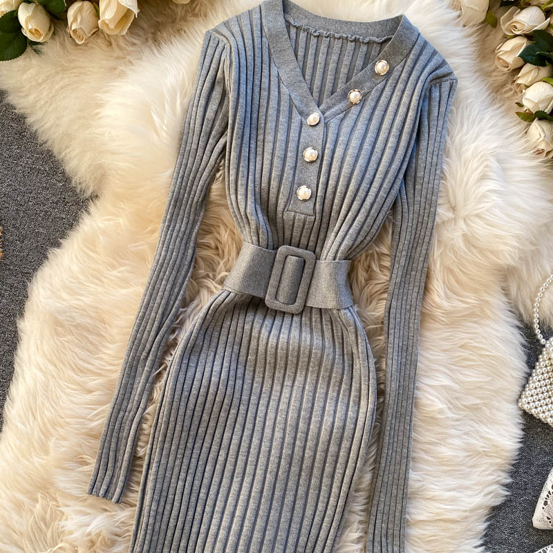 Belted Waist Long Sleeve Dress