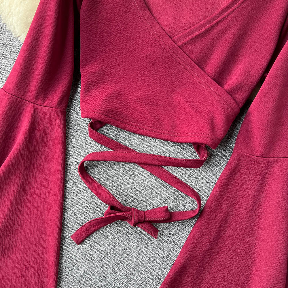 Drawstring V-neck Long-sleeve Top
