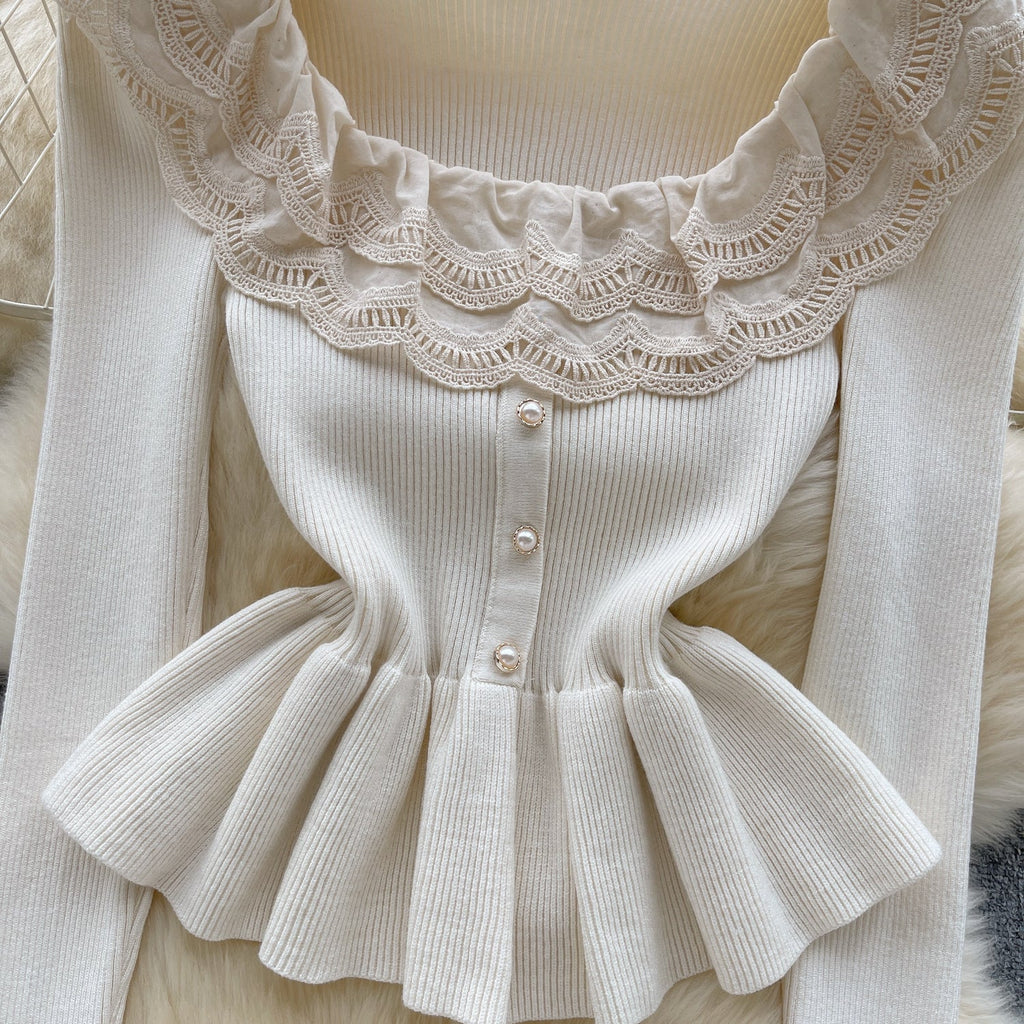 Sweetie Lace Patchwork Ruffled Knitwear