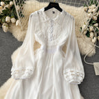 French Style Hollowed Patchwork Shirt Dress