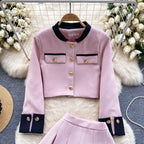 Color Blocking Cardigan&Pleated Skirt 2Pcs
