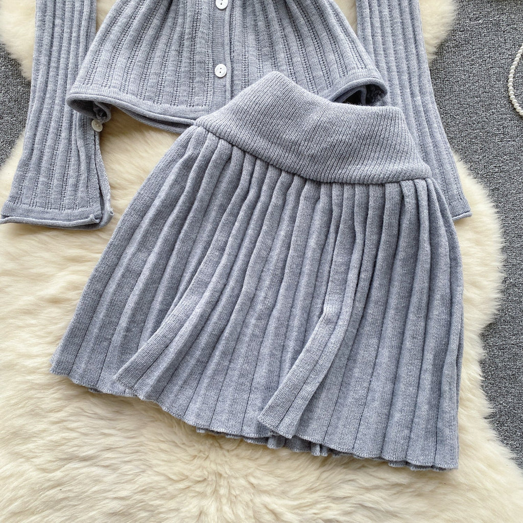 V-neck Cardigan&Pleated Skirt Knitted 2Pcs