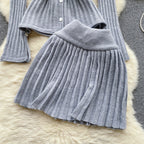 V-neck Cardigan&Pleated Skirt Knitted 2Pcs