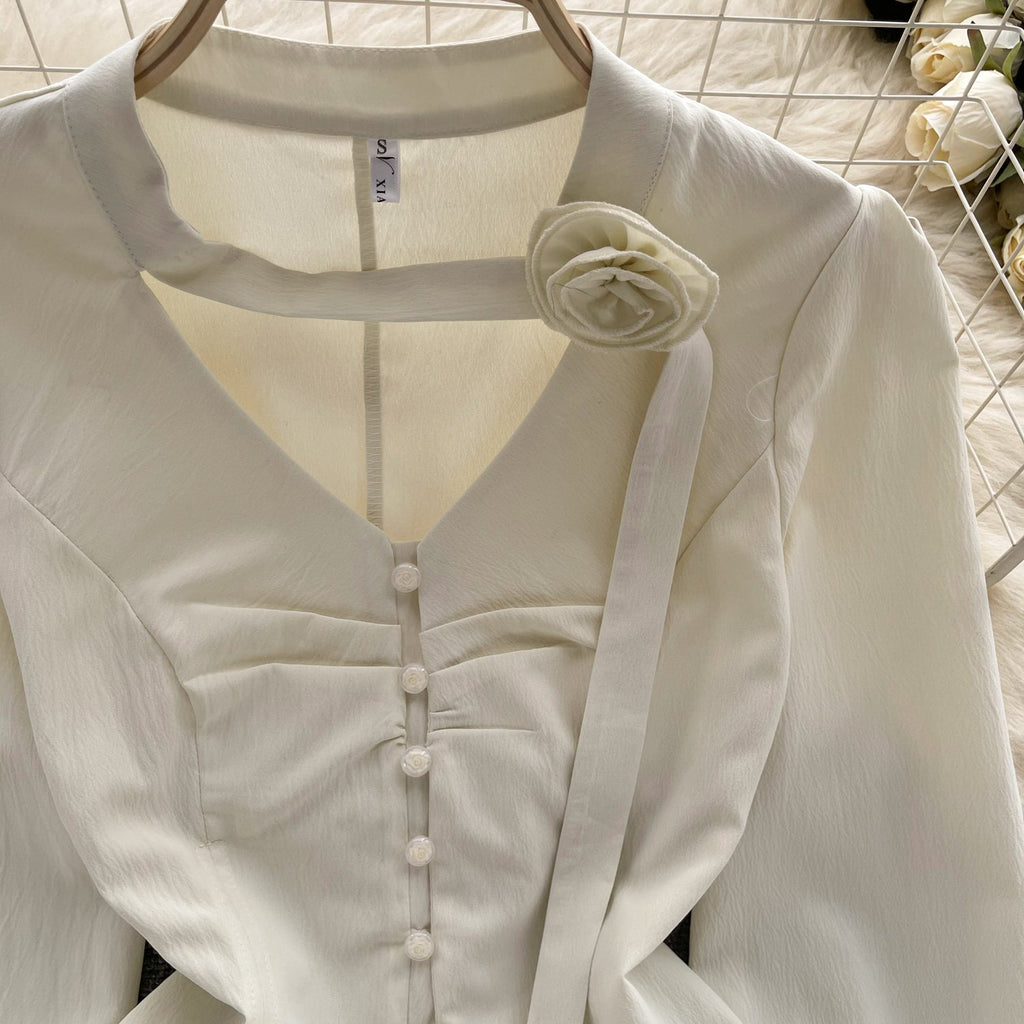 3d Floral Lace-up Pleated Shirt