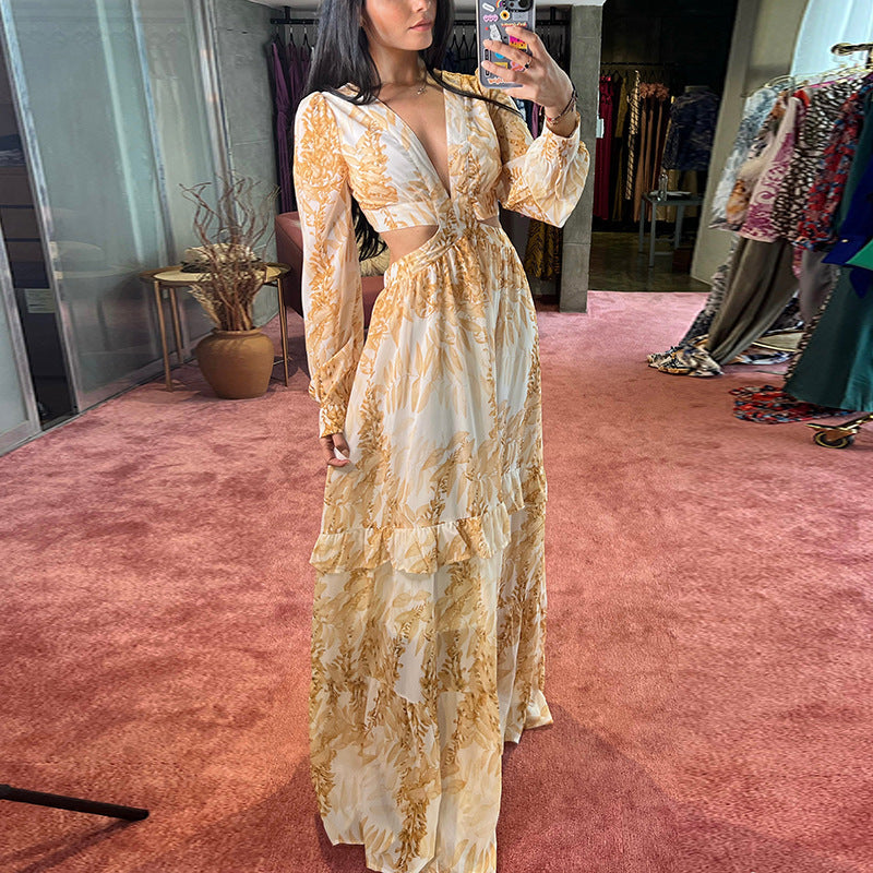 V-neck Hollowed Floral Beach Dress