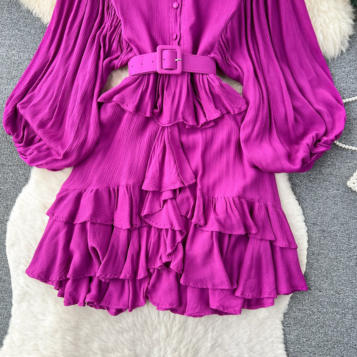 Courtly Puffy Sleeve Ruffled Dress