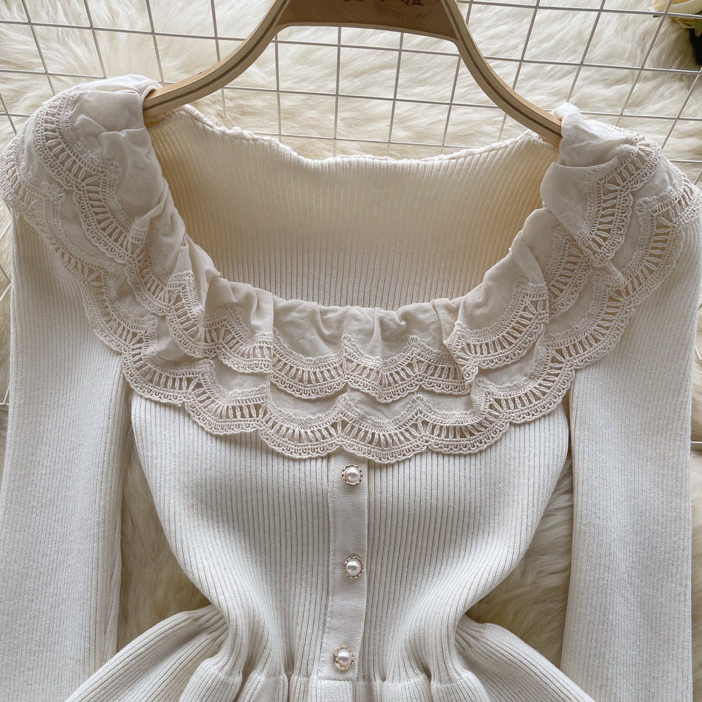 Sweetie Lace Patchwork Ruffled Knitwear