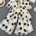 Flared Sleeve Polka Dot Print V-Neck Jumpsuit