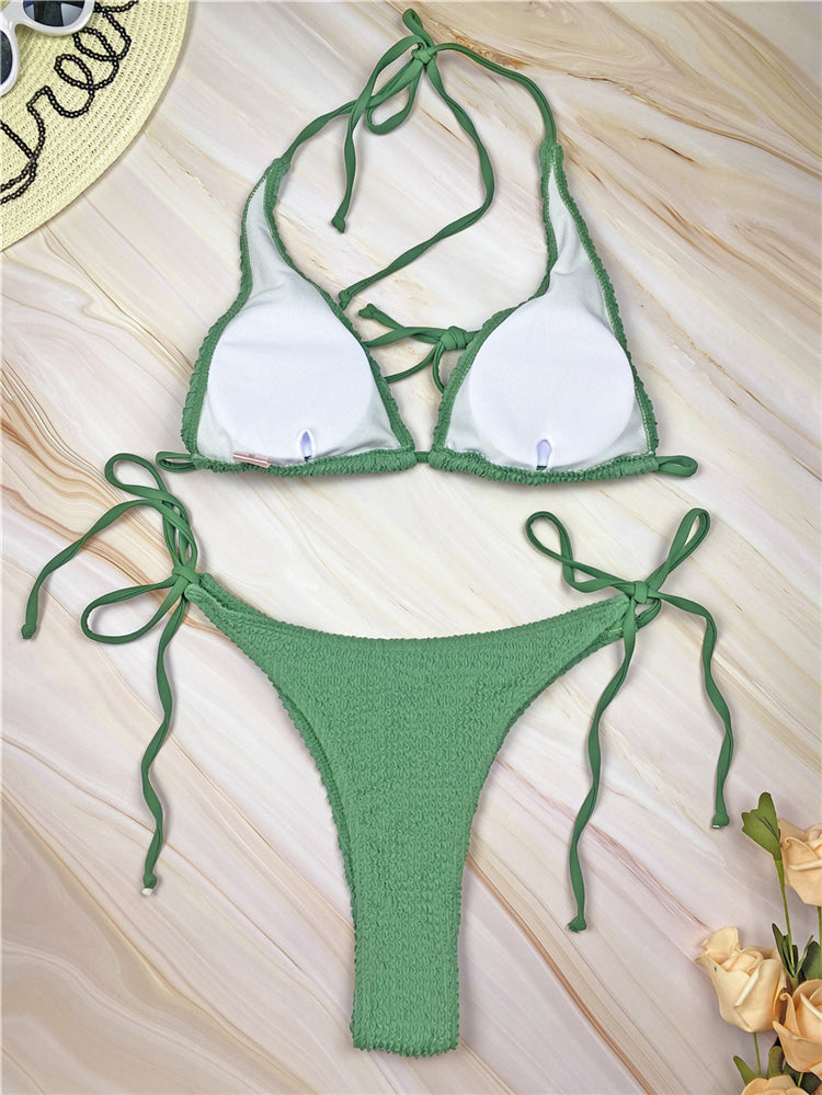 Solid Coloured Lace-up Three-point Bikini