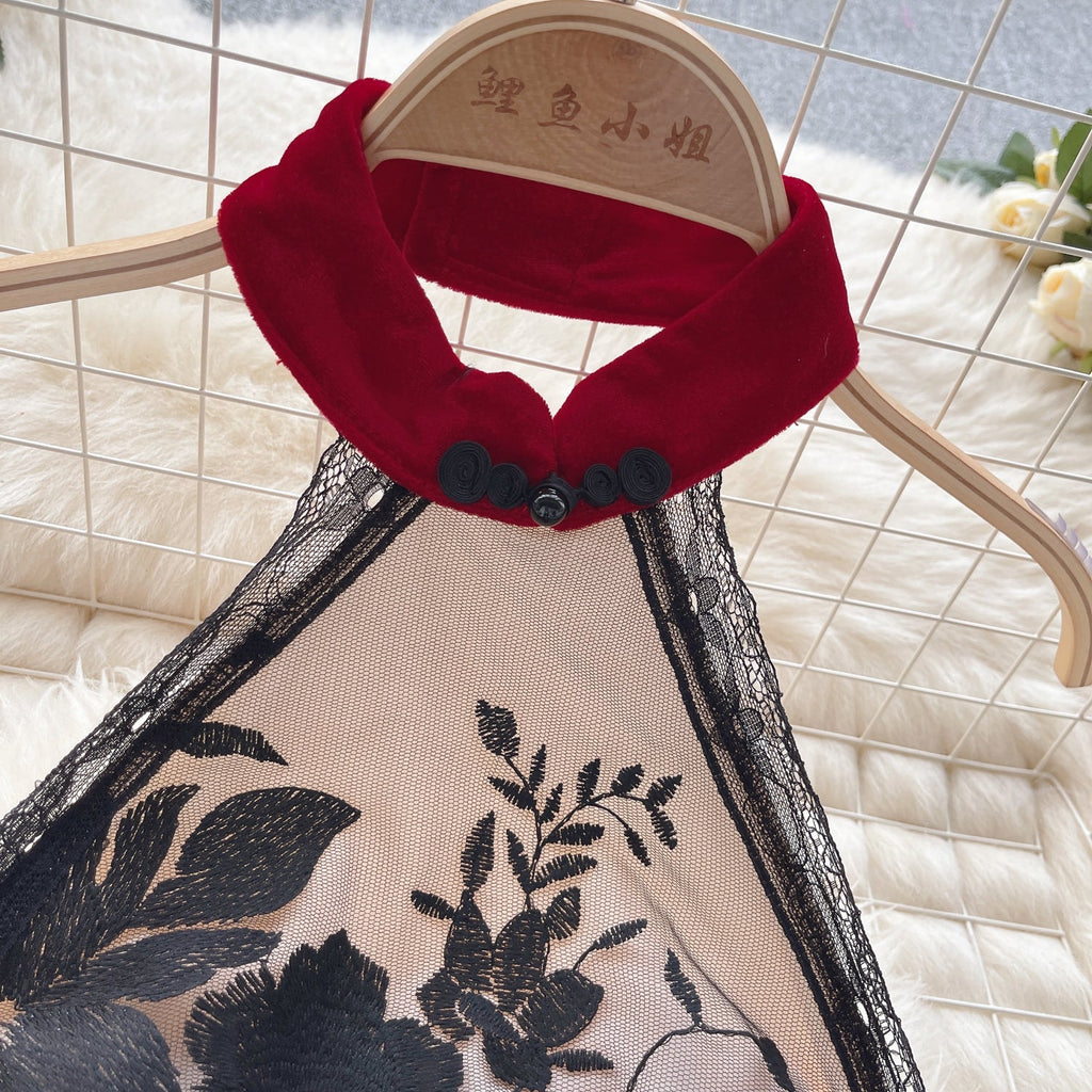 Floral Embroidery Mesh Cheongsam Dress