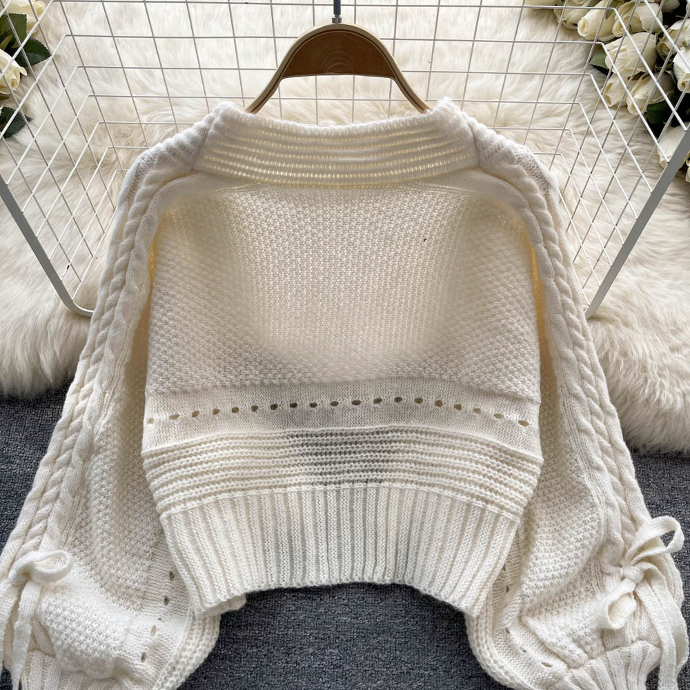 Bow Drawstring Short Knitted Cardigan