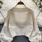 Bow Drawstring Short Knitted Cardigan