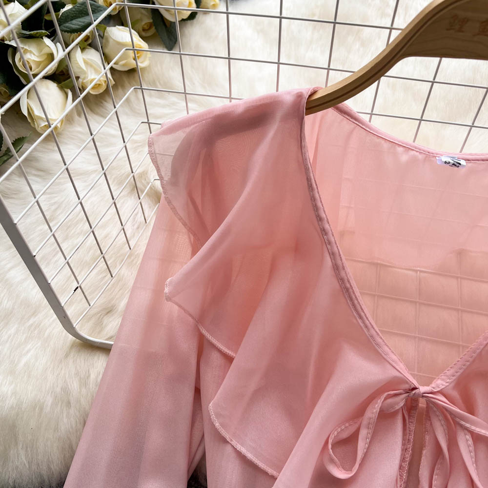 French Style V-neck Lace-up Blouse