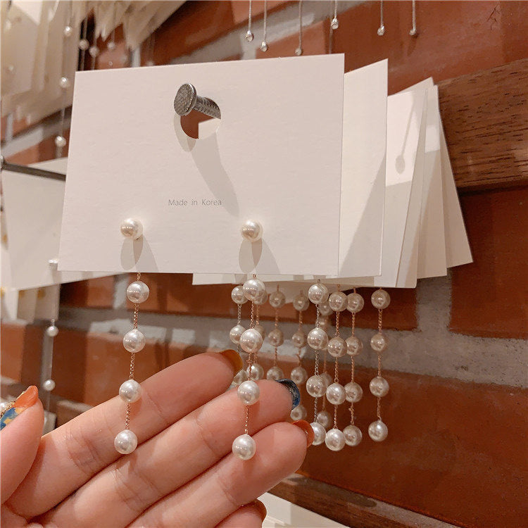 Silver Pin Pearl Tassel Earrings