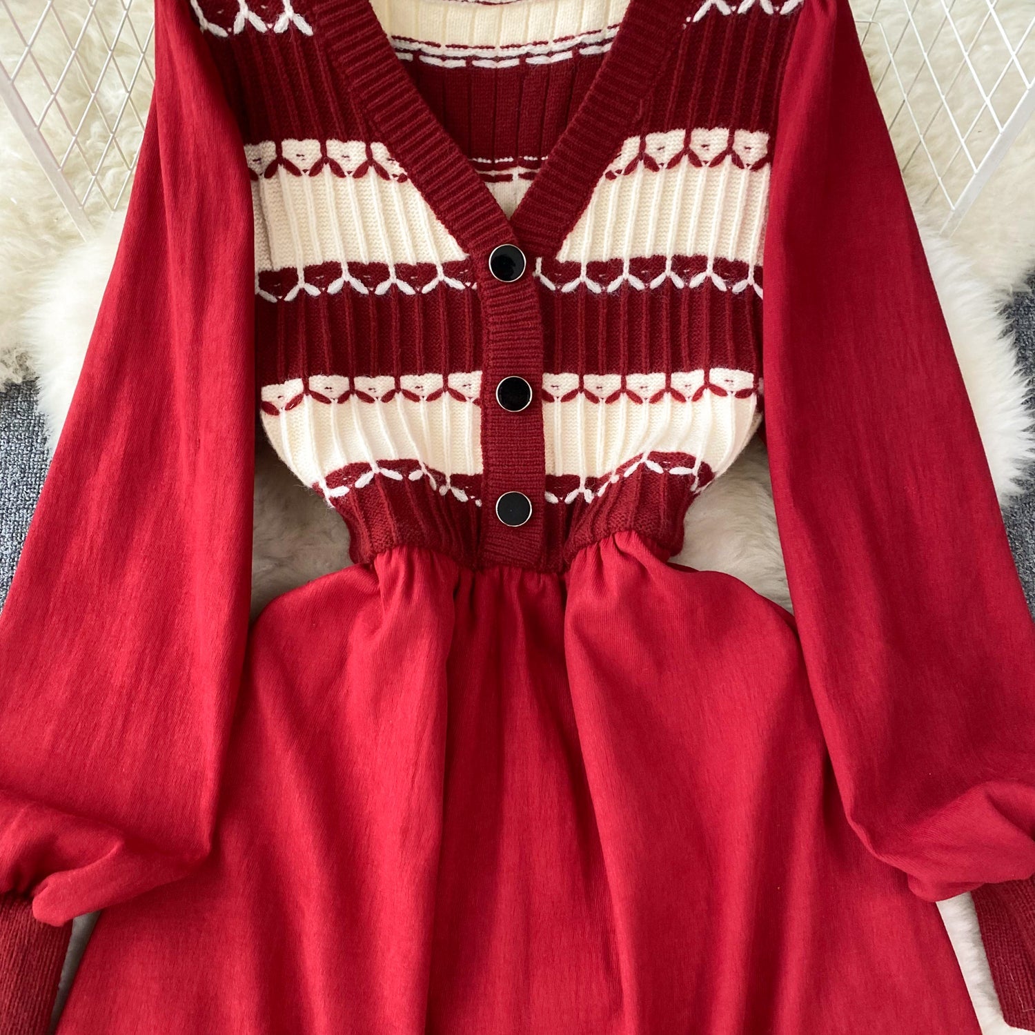 Vintage Striped Knit Patchwork Corduroy Dress