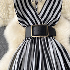 V-neck Chiffon Striped Waist Jumpsuit