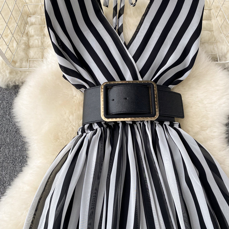 V-neck Chiffon Striped Waist Jumpsuit