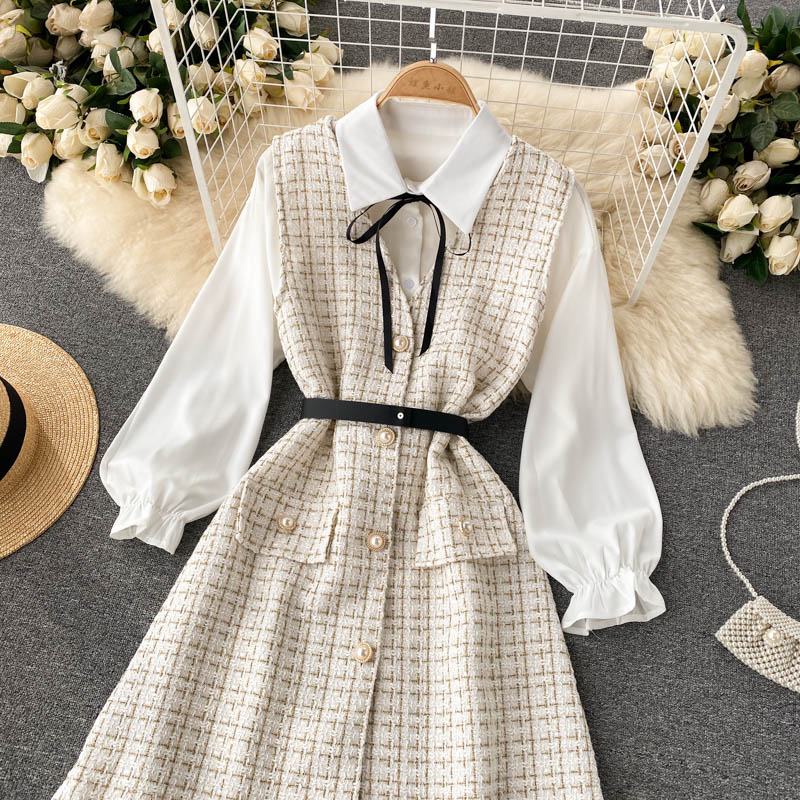 Two-piece Puff Sleeve Shirt Houndstooth Dress