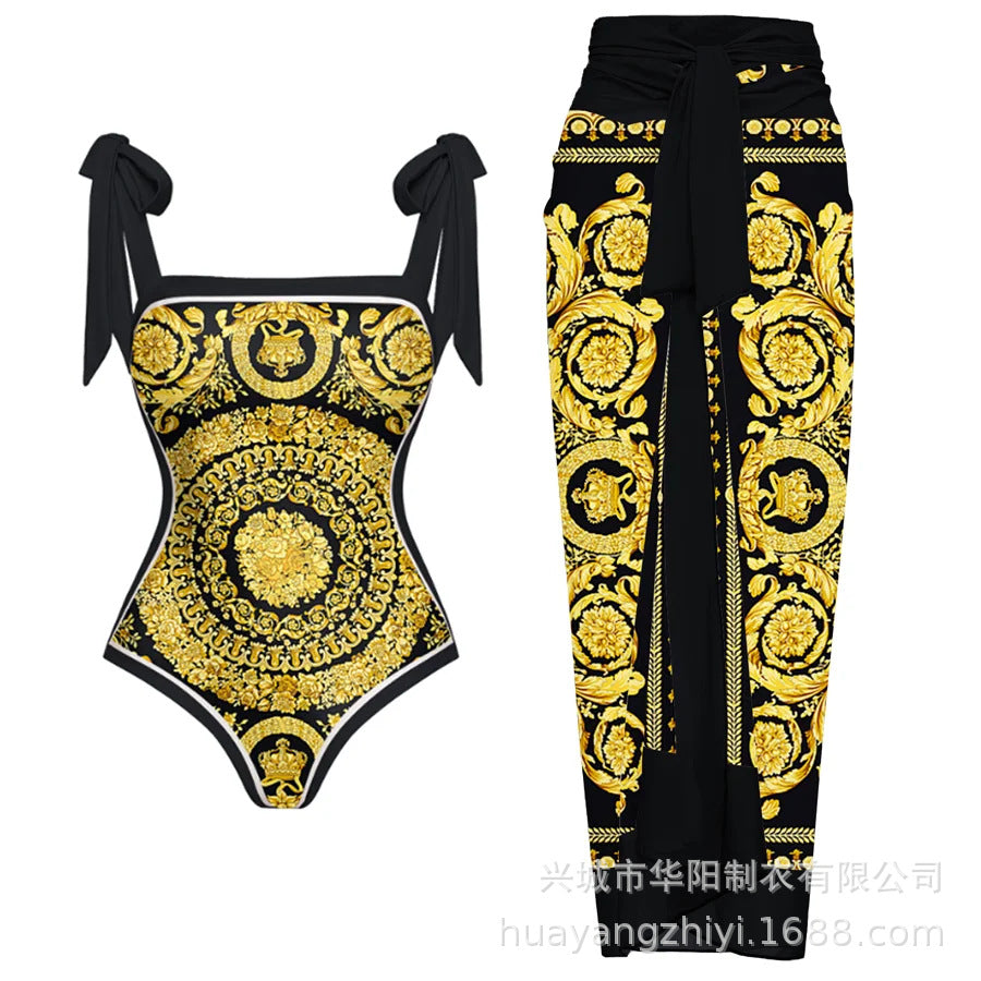 French Style Printed One-piece Swimwear&Skirt 2Pcs