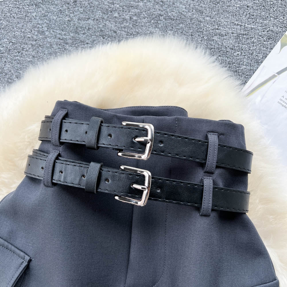 Twin Belt High Waist Suit Skirt