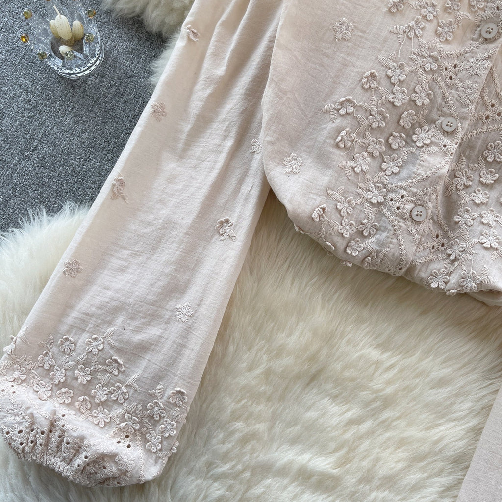 Flared Sleeve Solid Color Embroidered Shirt