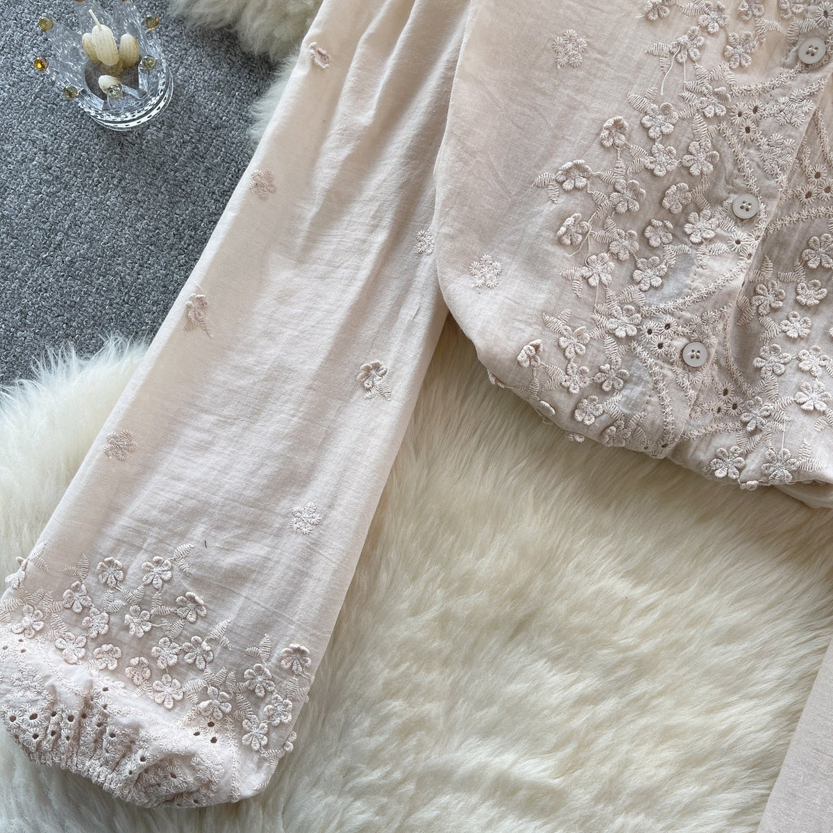 Flared Sleeve Solid Color Embroidered Shirt