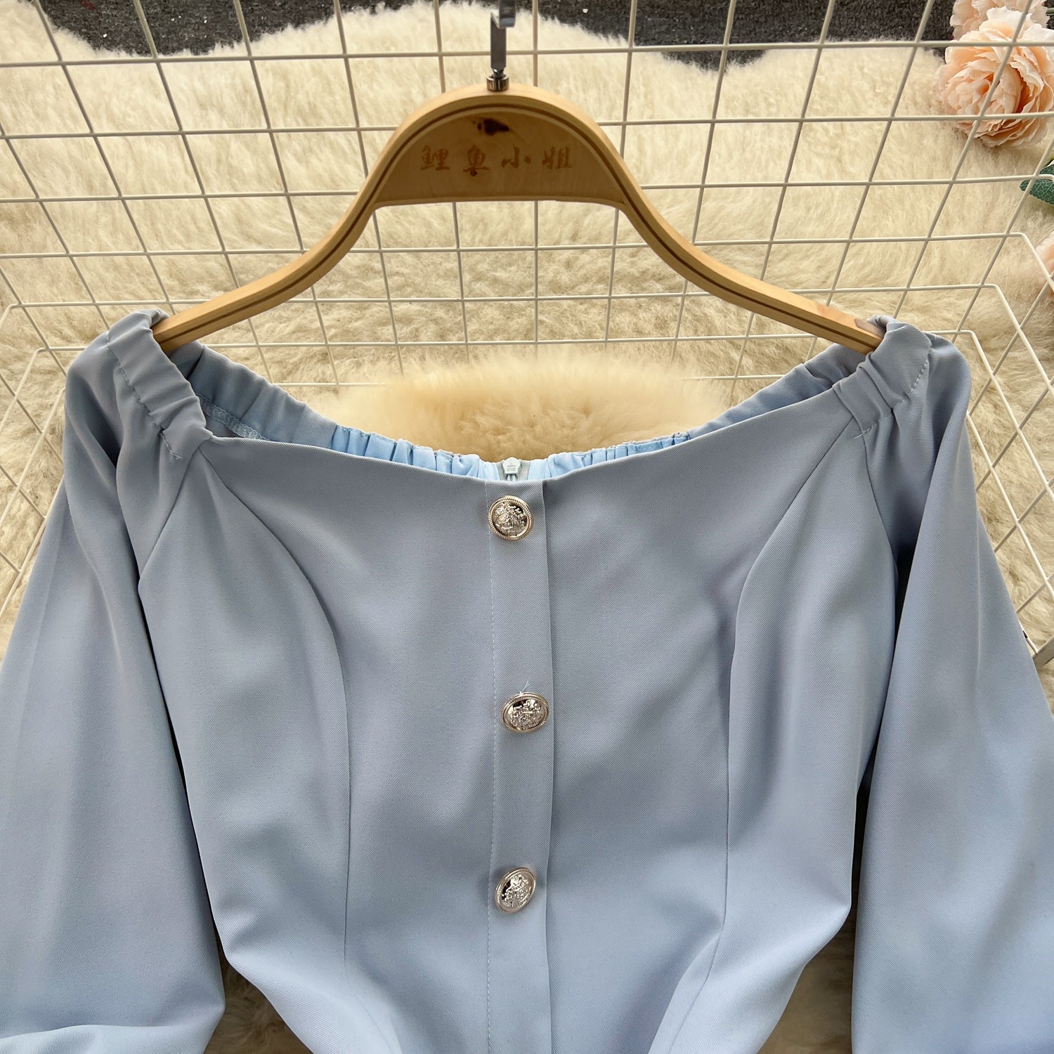Off-shoulder Single-breasted Blue Dress