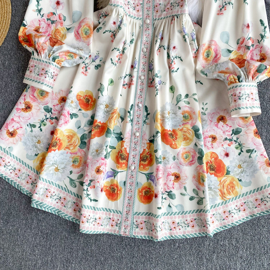 Courtly Floral Printed Ruffled Shirt Dress