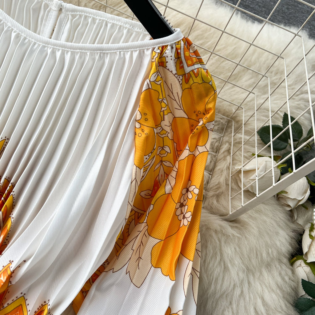 Floral Printed High-waist Pleated Dress