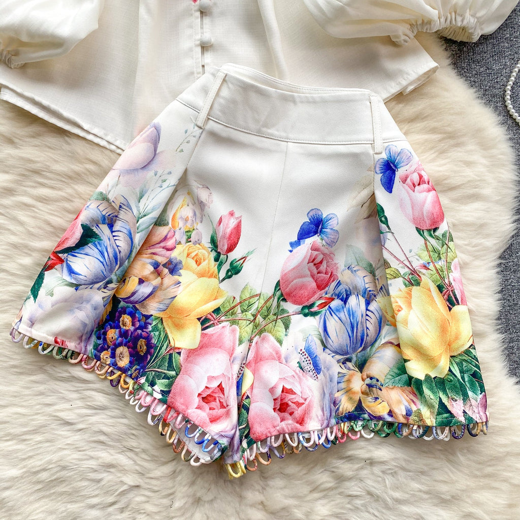 Courtly Floral Printed Shirt&Shorts 2Pcs