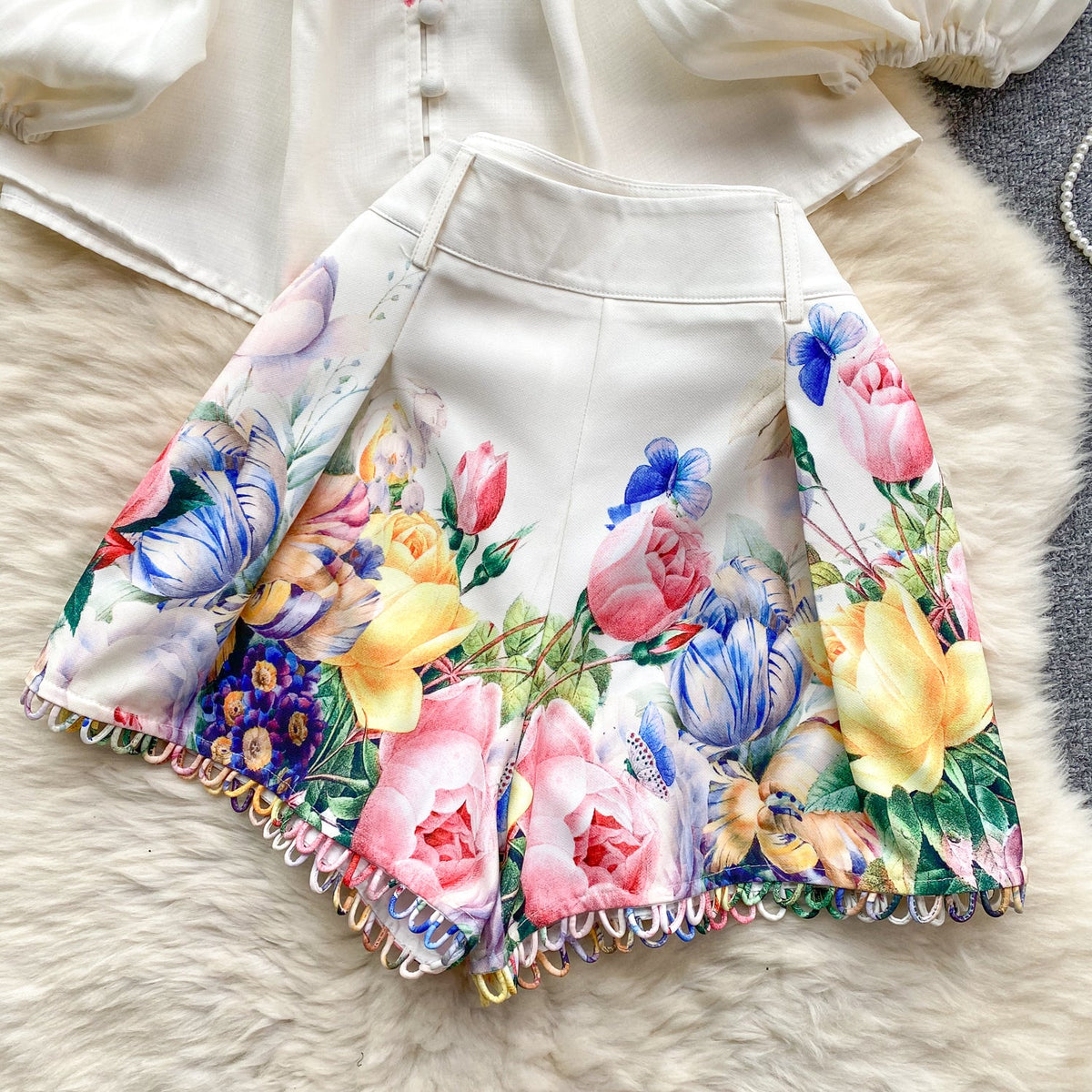 Courtly Floral Printed Shirt&Shorts 2Pcs