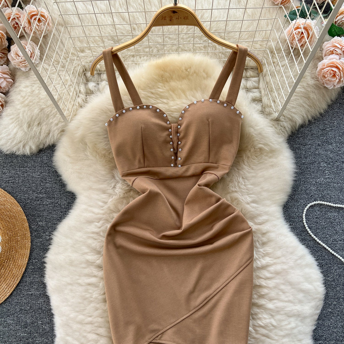 Beaded Hip-wrapping Pleated Slip Dress