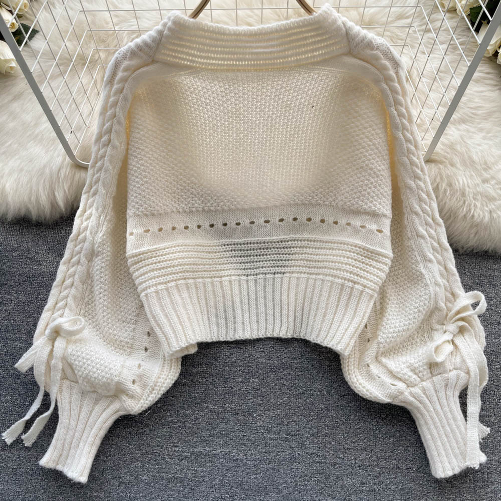 Bow Drawstring Short Knitted Cardigan
