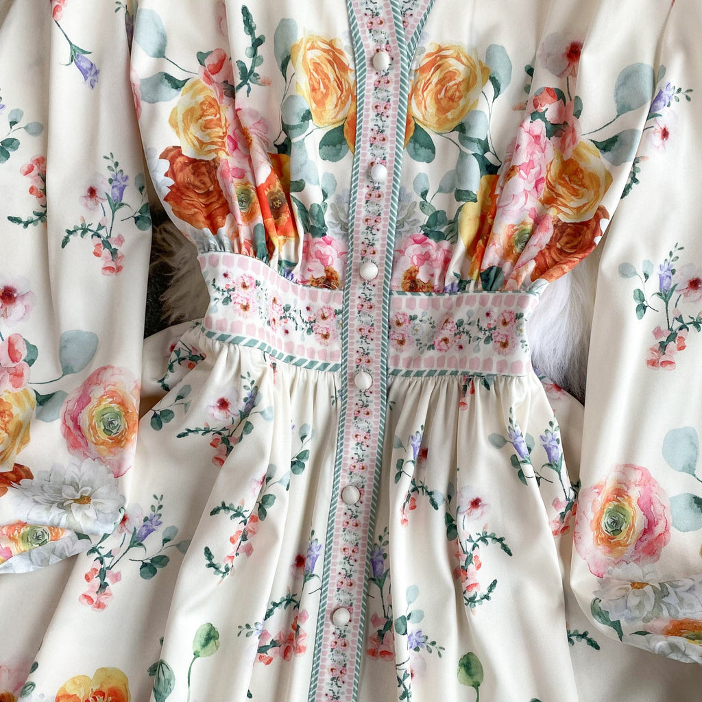 Courtly Floral Printed Ruffled Shirt Dress