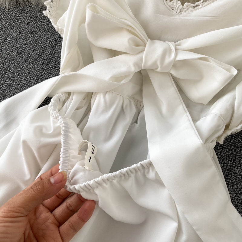 Crochet Knitted Lace-up White Slip Dress