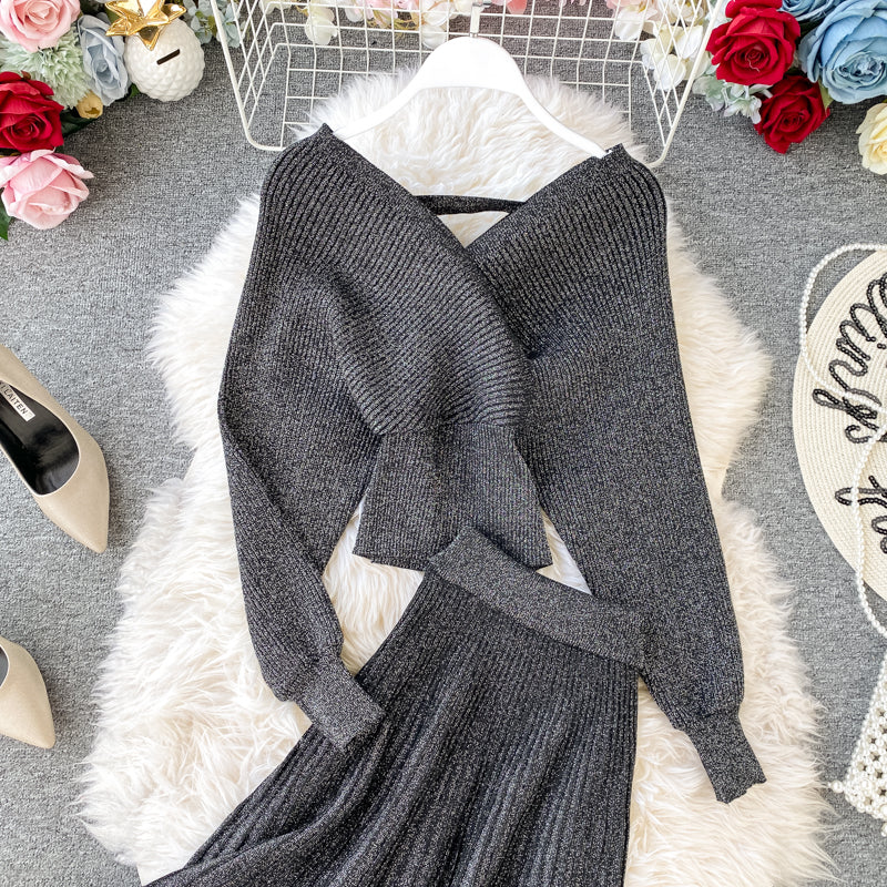 Two-piece Bright Silk Knitted Sweater + Skirt