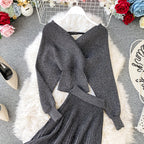 Two-piece Bright Silk Knitted Sweater + Skirt