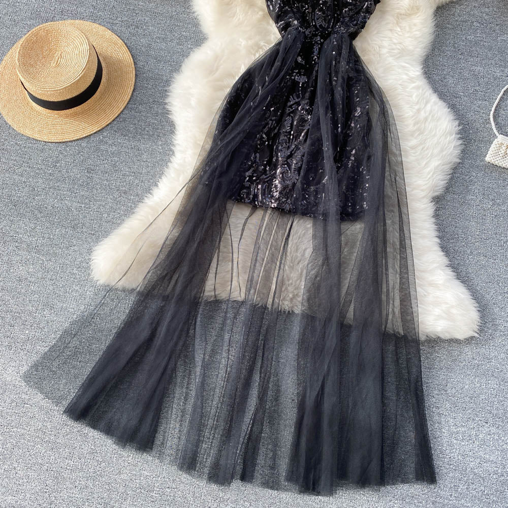 Off-the-shoulder Sequined Mesh Dress