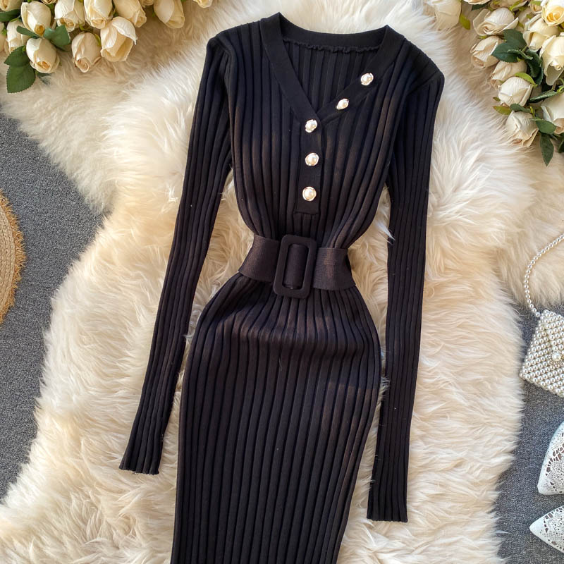 Belted Waist Long Sleeve Dress