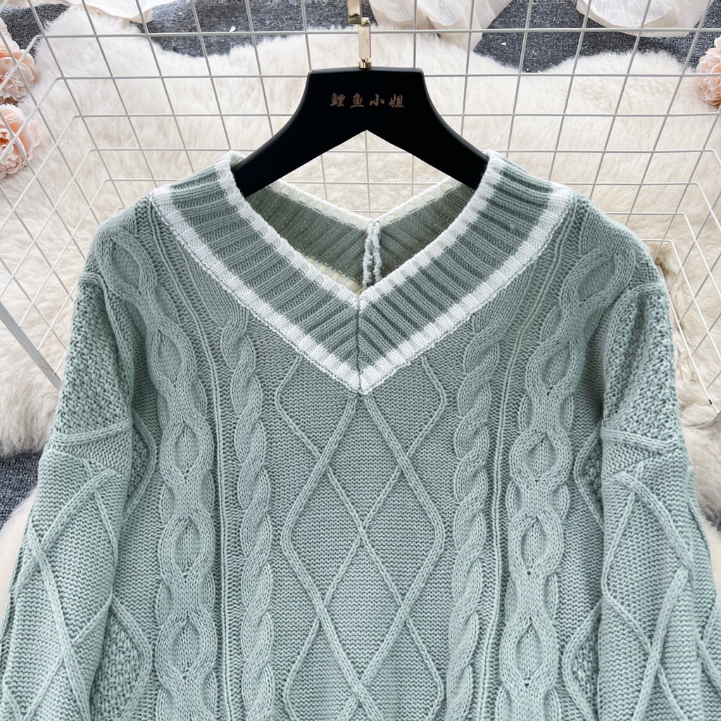 Twist-knitting Sweater&Fishtail Skirt 2Pcs