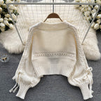 Bow Drawstring Short Knitted Cardigan