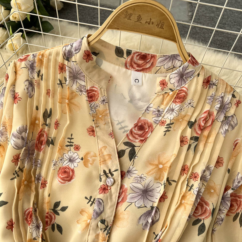 V-neck Chiffon Floral Long-sleeve Dress