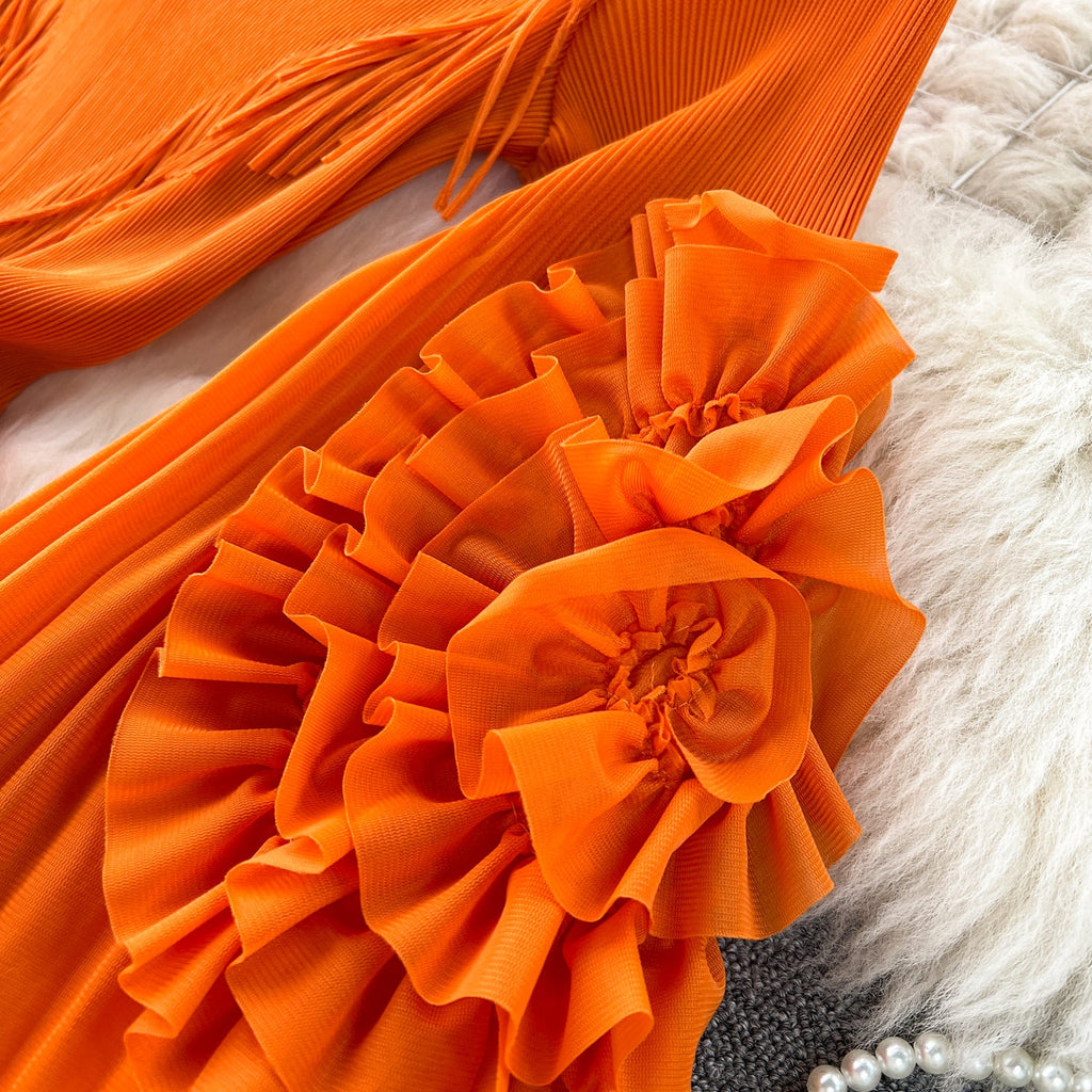 Courtly Solid Color Ruffled Dress