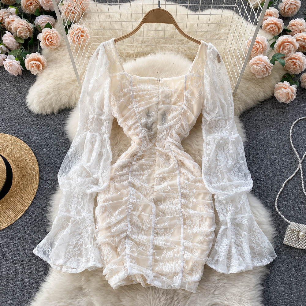 Square Neck Lace Waist Bag Hip Dress