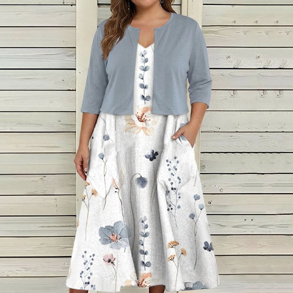 Aaliyah | Two-Piece Floral Midi Dress with Cropped Overlay