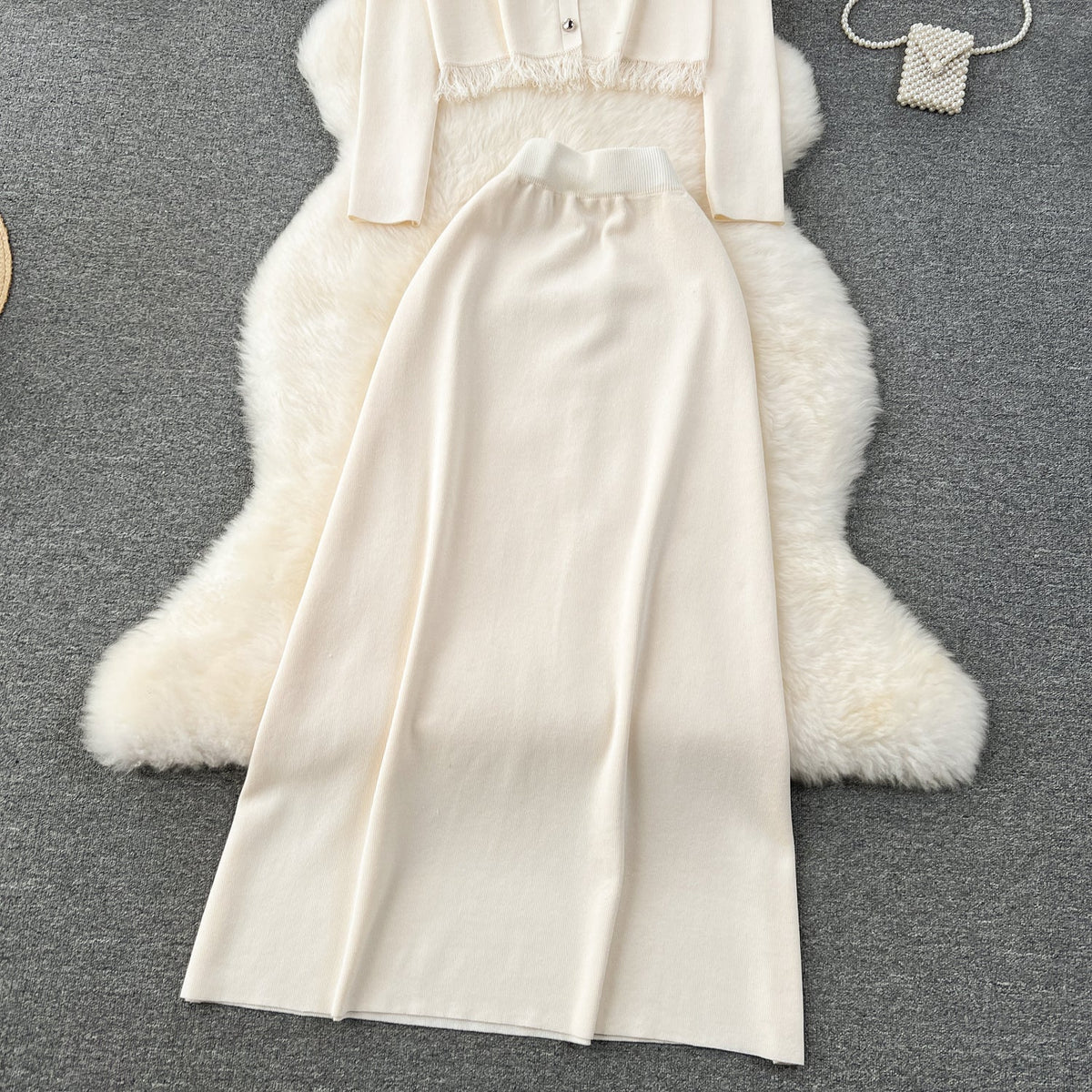 Cardigan&Half-body Skirt Fringed Knit 2Pcs