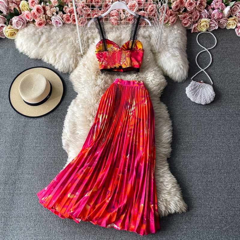 Camisole&Pleated Half-body Skirt 2Pcs