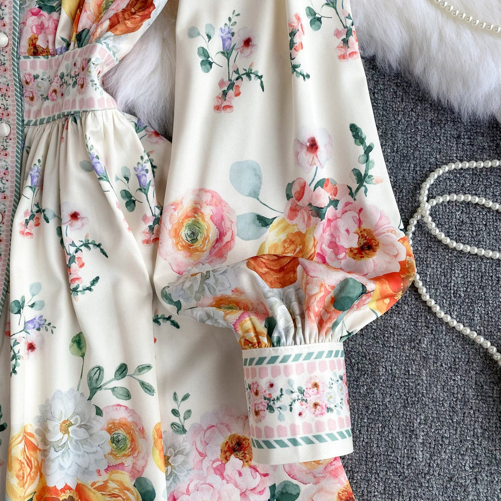 Courtly Floral Printed Ruffled Shirt Dress